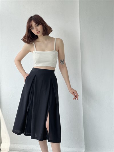 Retrobird Dokuma Astarsız Siyah Renkli Yırtmaçlı Etek