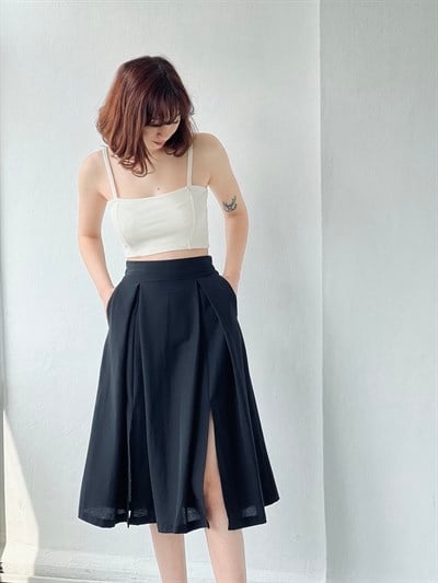 Retrobird Dokuma Astarsız Siyah Renkli Yırtmaçlı Etek