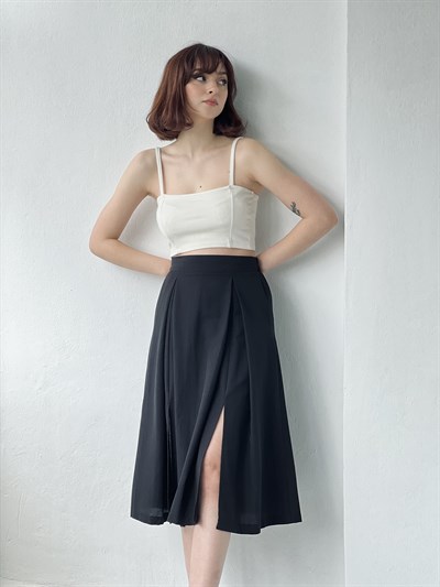 Retrobird Dokuma Astarsız Siyah Renkli Yırtmaçlı Etek