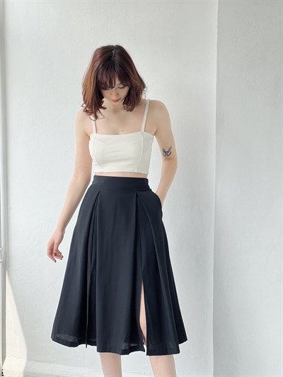 Retrobird Dokuma Astarsız Siyah Renkli Yırtmaçlı Etek