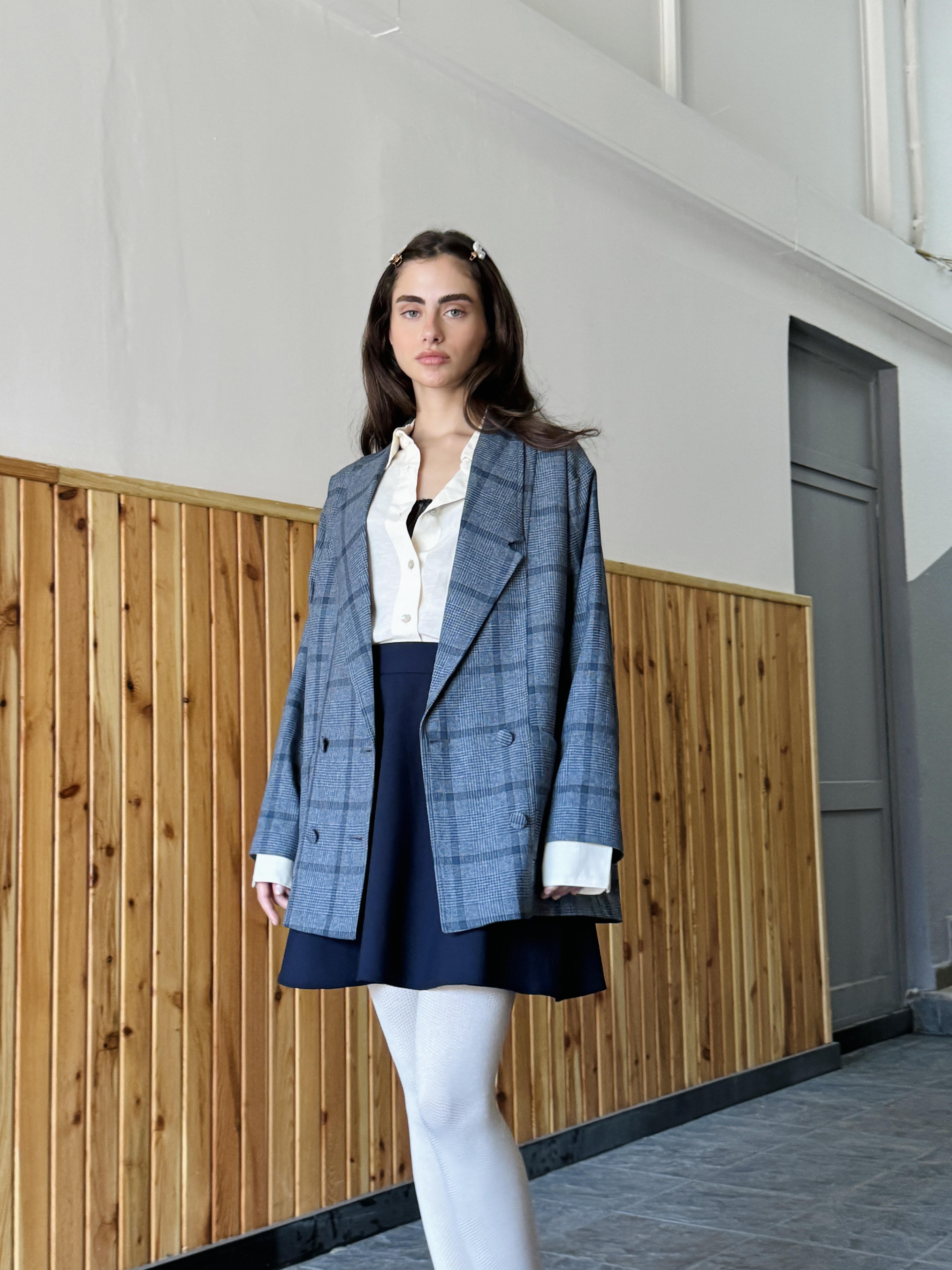 90s Retro Model Ash Blue Oversized Design Women's Plaid 90s Retro Model Ash Blue Oversized Design Women's Plaid