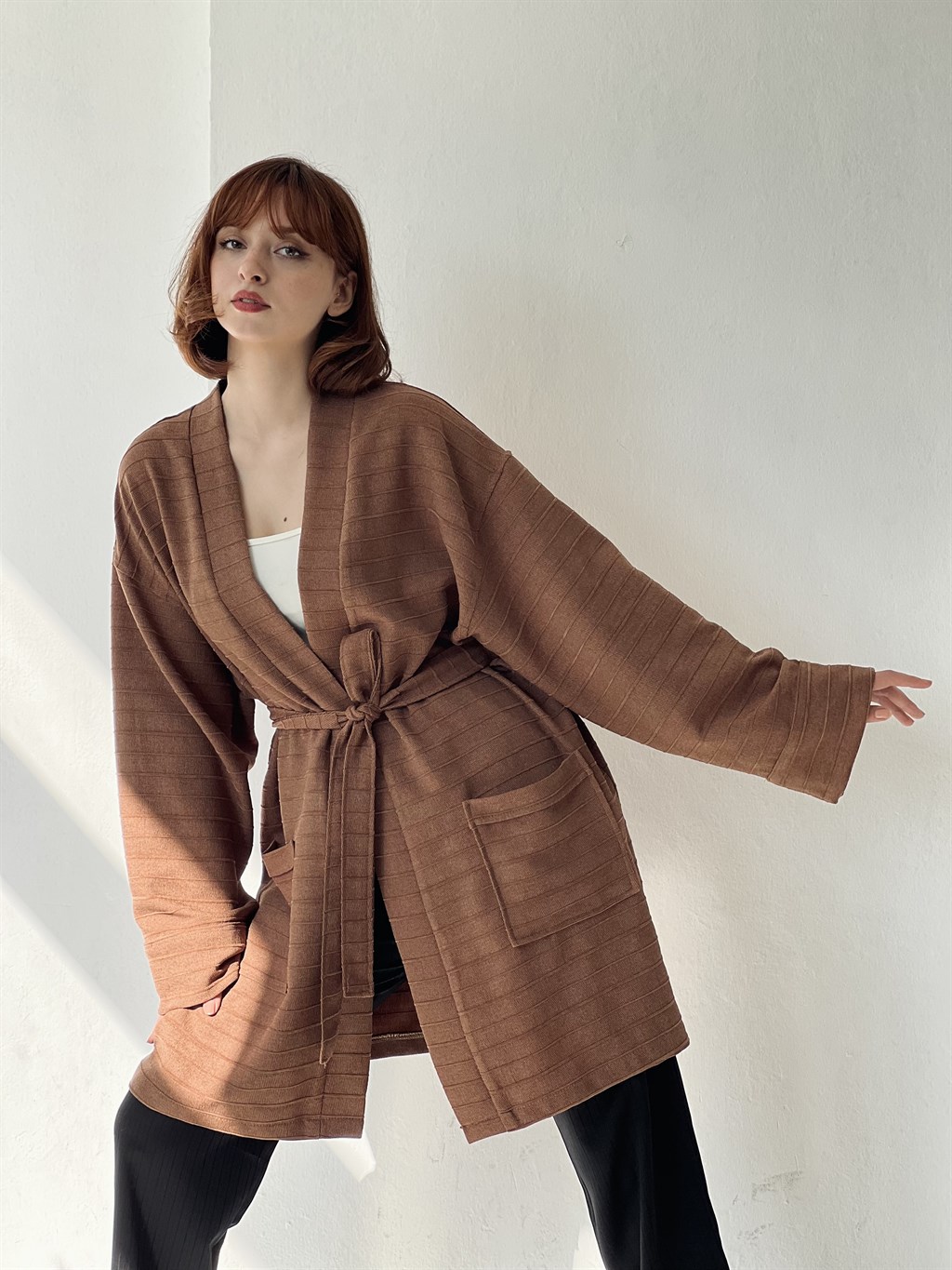 Unisex Cepli Kışlık Kahverengi Hırka Kimono | Retrobird