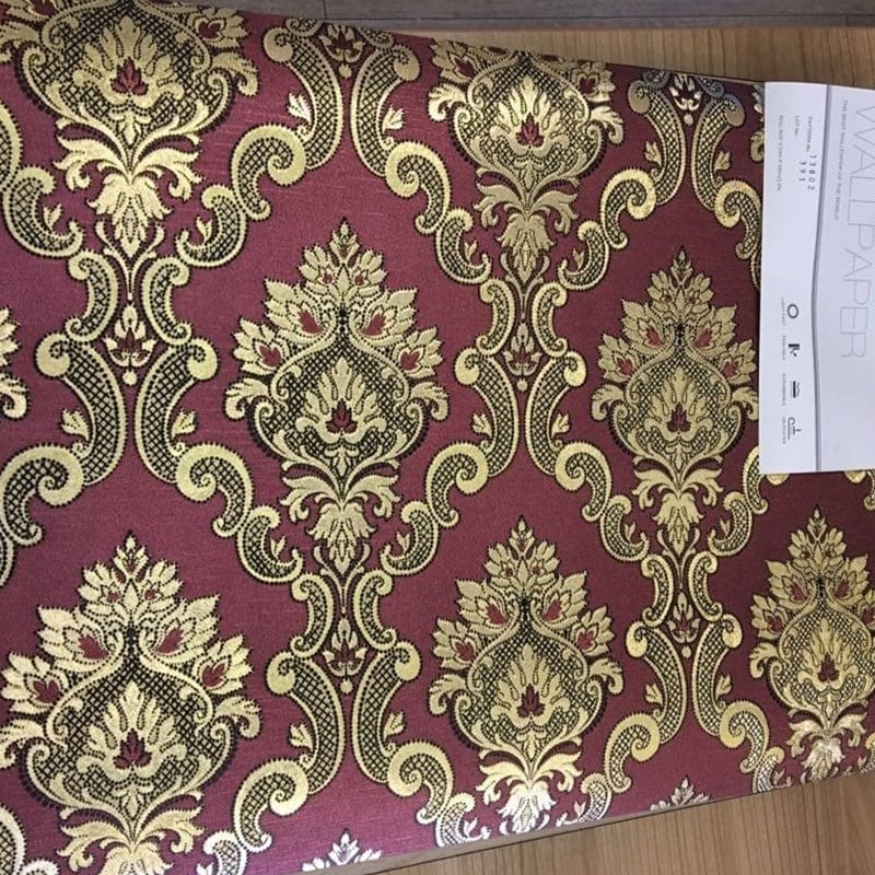 Altın Bordo Varaklı Damask Desenli Duvar Kağıdı