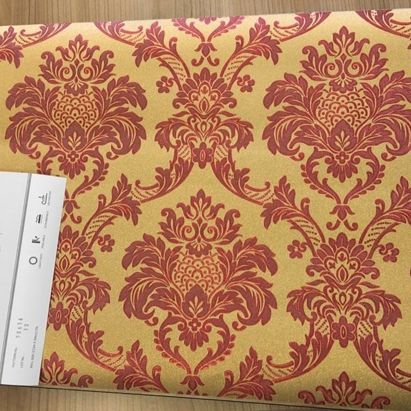 Altın Bordo Varaklı Damask Desenli Duvar Kağıdı