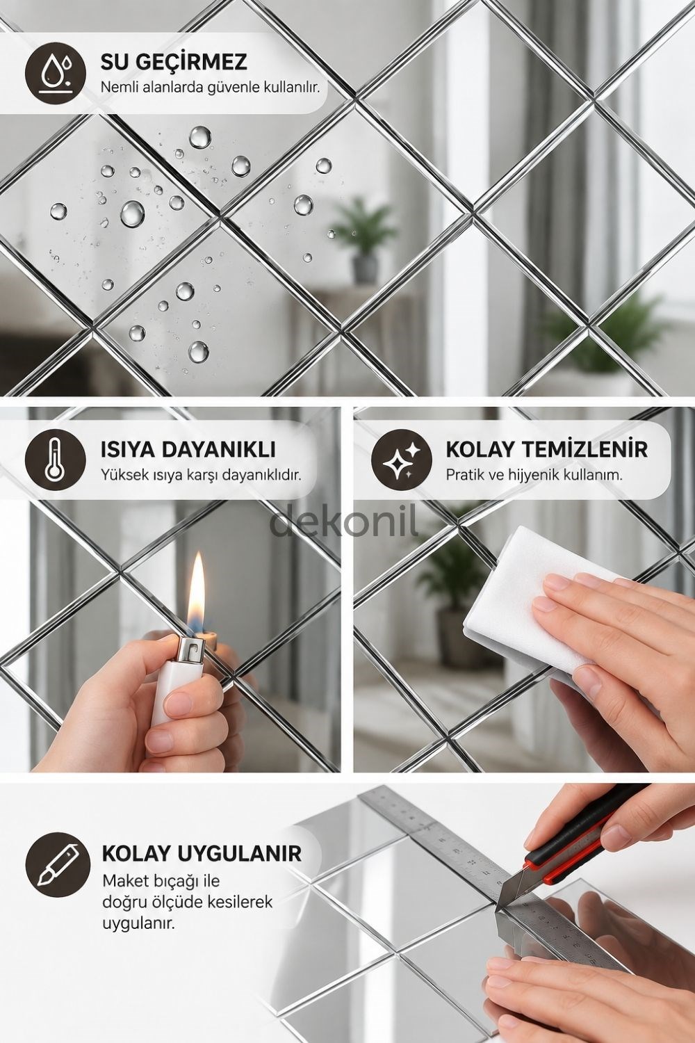 Kendinden Yapışkanlı Mozaik Karo Ayna Geometrik Pink 30*30 cm