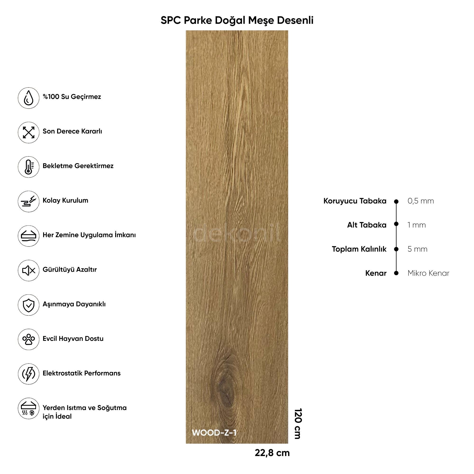 SPC Parke Doğal Meşe Desenli – Su Geçirmez Zemin Paneli 22,8*120 cm (Paket: 9 Adet / 2,5 m²)