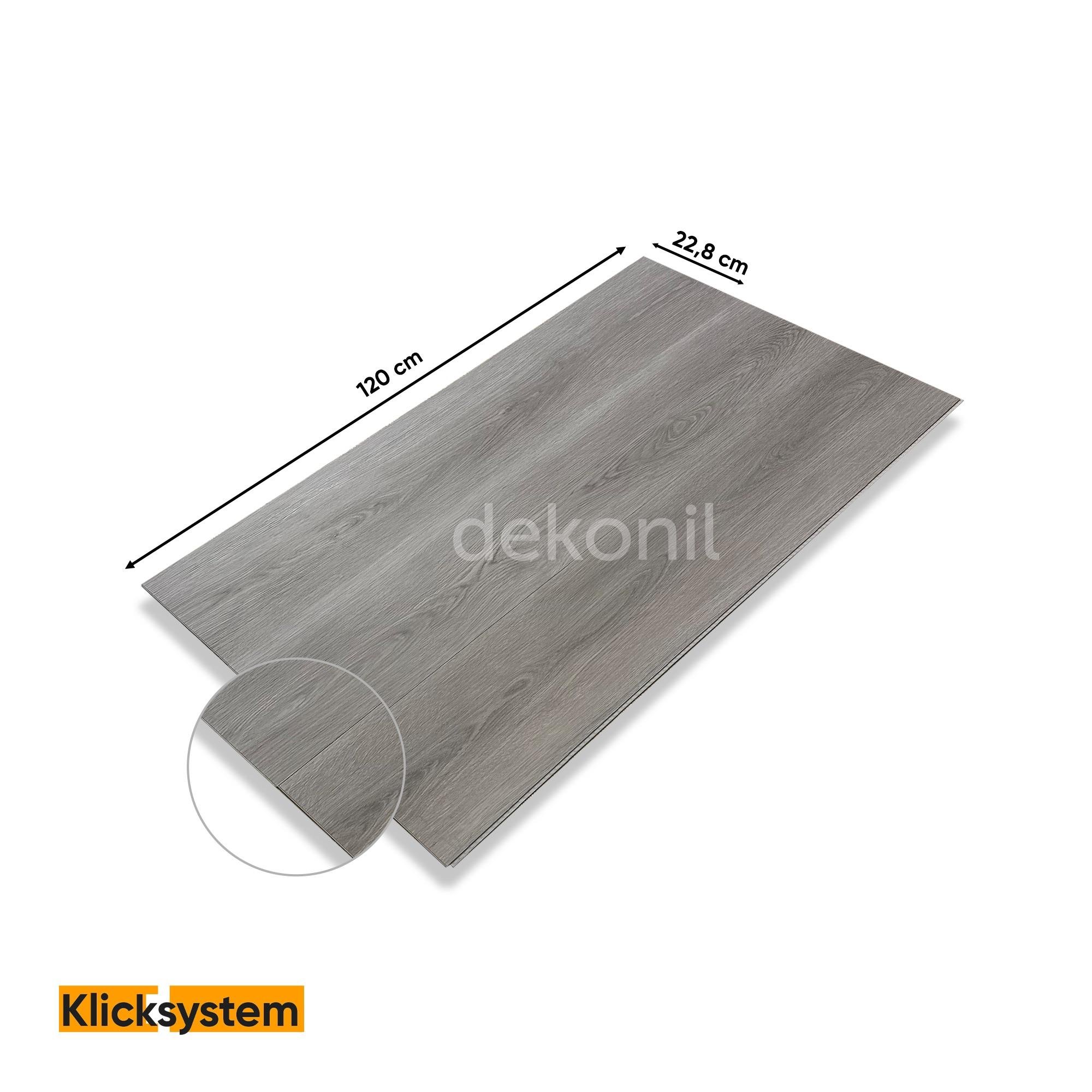 SPC Parke Duman Meşe Desenli – Su Geçirmez Zemin Paneli 22,8*120 cm (Paket: 9 Adet / 2,50 m²)