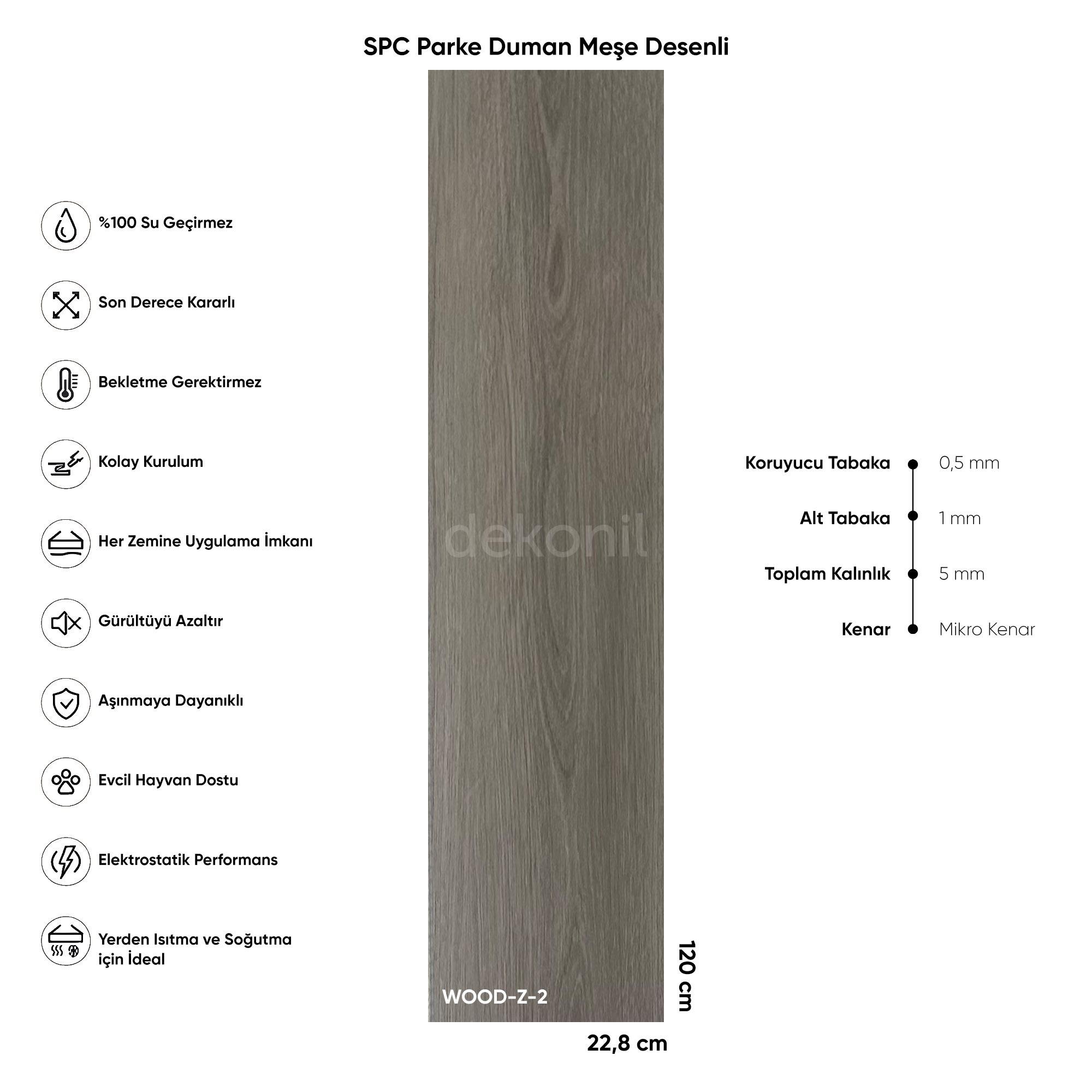 SPC Parke Duman Meşe Desenli – Su Geçirmez Zemin Paneli 22,8*120 cm (Paket: 9 Adet / 2,50 m²)