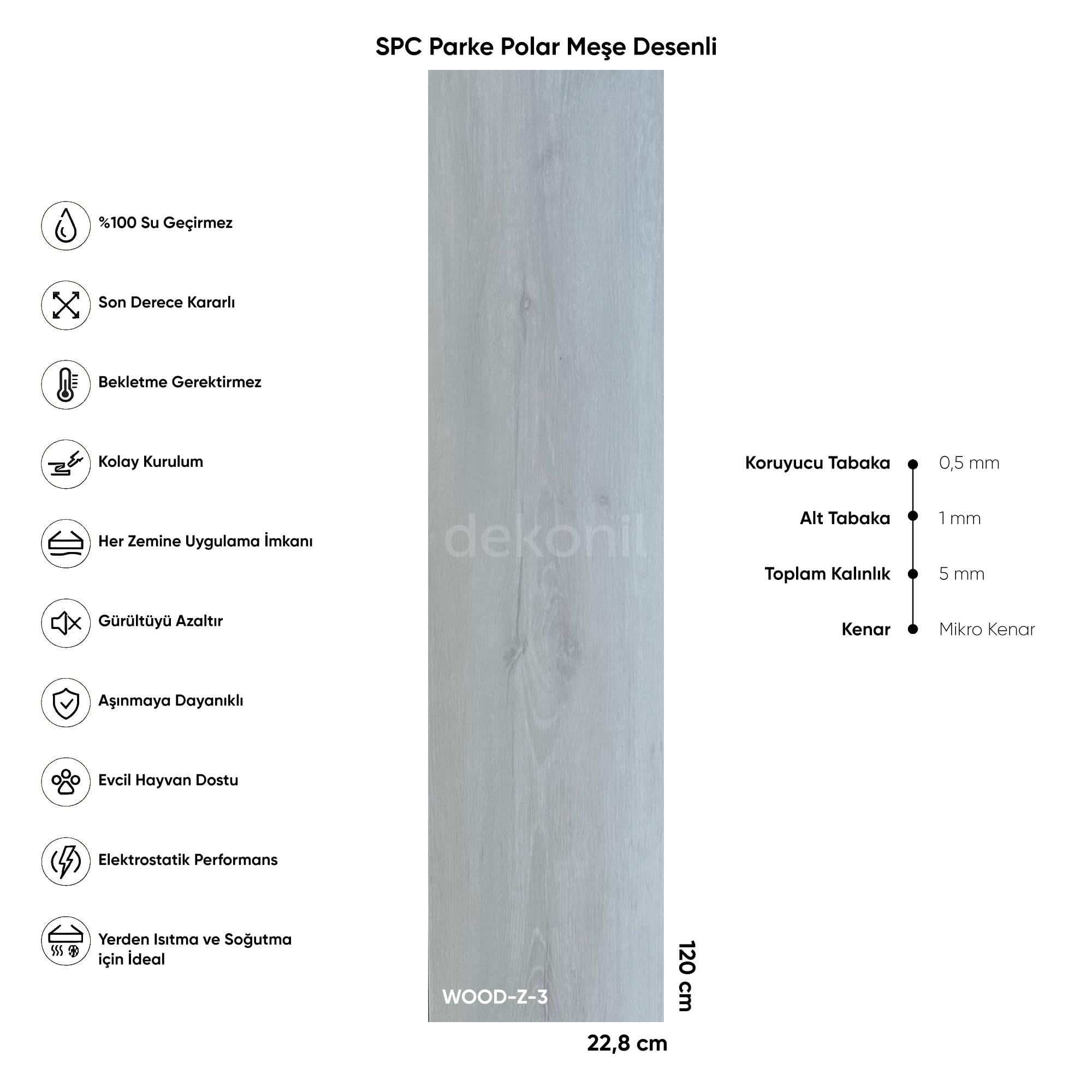 SPC Parke Polar Meşe Desenli – Su Geçirmez Zemin Paneli 22,8*120 cm 1 m²
