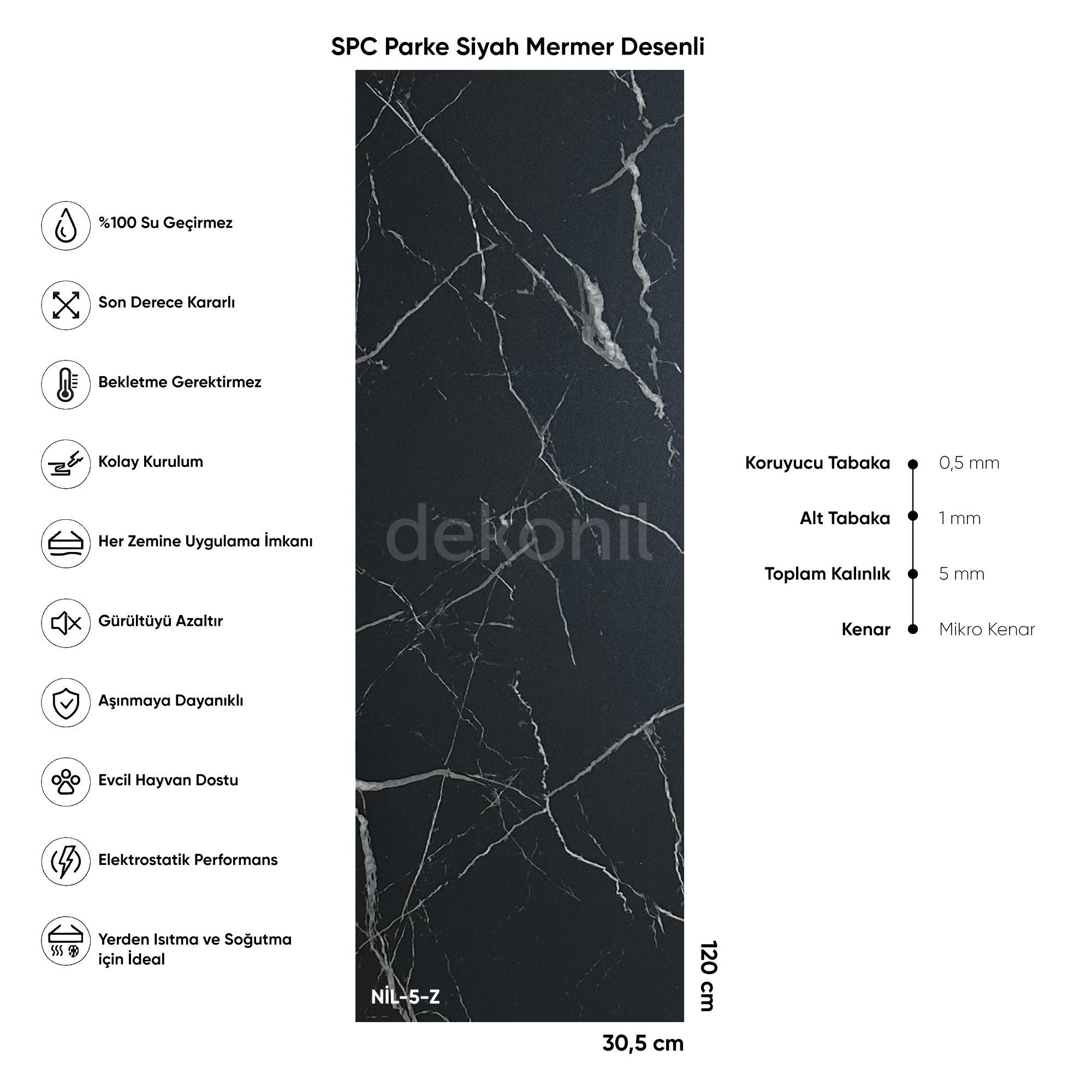 SPC Parke Siyah Mermer Desenli – Su Geçirmez Zemin Paneli 30,5*120 cm (Paket: 6 Adet / 2,23 m²)