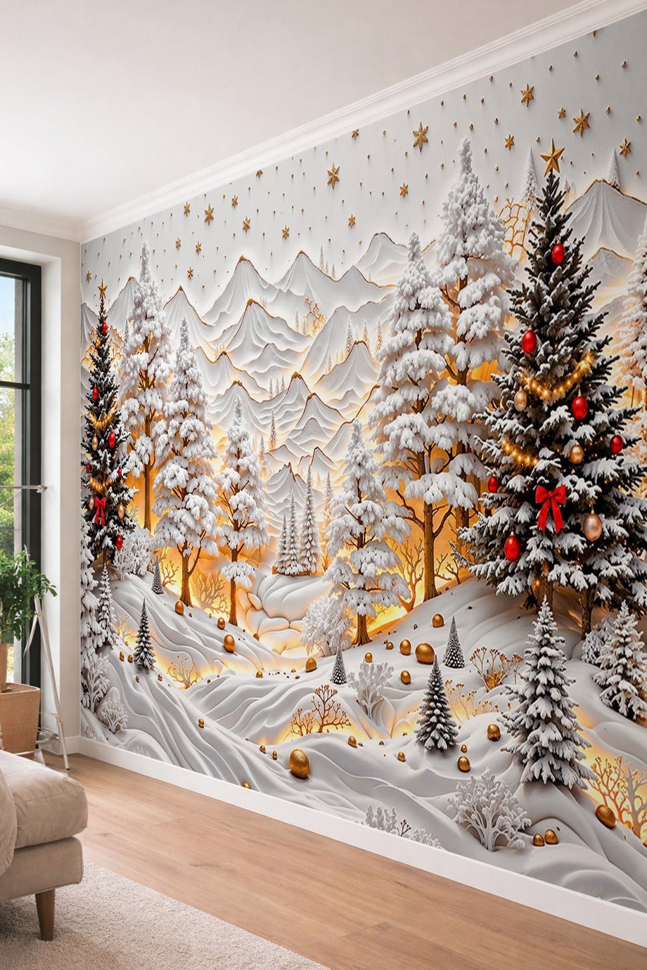 Yılbaşı Karlı Orman Manzarası Işık ve 7D Kabartma Efektli Tek Parça Kumaş Poster Duvar Kağıdı – 300 × 290 cm