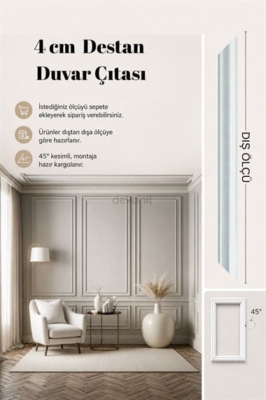 Destan 45° Kesimli Montaja Hazır Boyanabilir Duvar Çıtası 4 cm