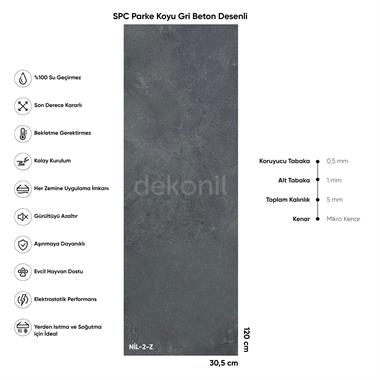 SPC Parke Koyu Gri Beton Desenli – Su Geçirmez Zemin Paneli 30,5*120 cm (Paket: 6 Adet / 2,23 m²)
