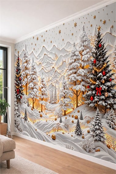 Yılbaşı Karlı Orman Manzarası Işık ve 7D Kabartma Efektli Tek Parça Kumaş Poster Duvar Kağıdı – 300 × 290 cm
