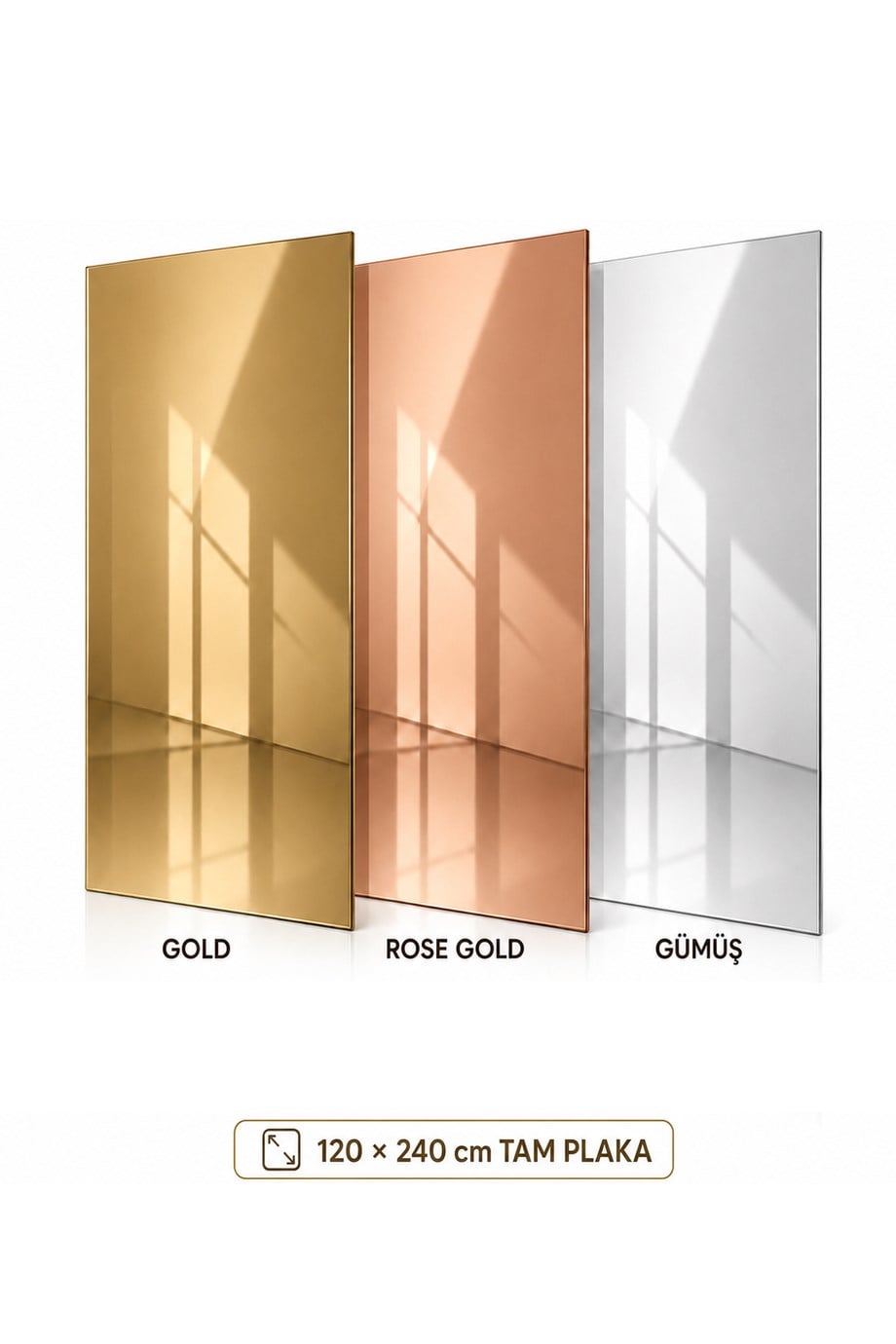 Kendinden Yapışkanlı Pleksi Ayna 120x240 cm  – Özel Kesim | Gold, Rose Gold, Gümüş