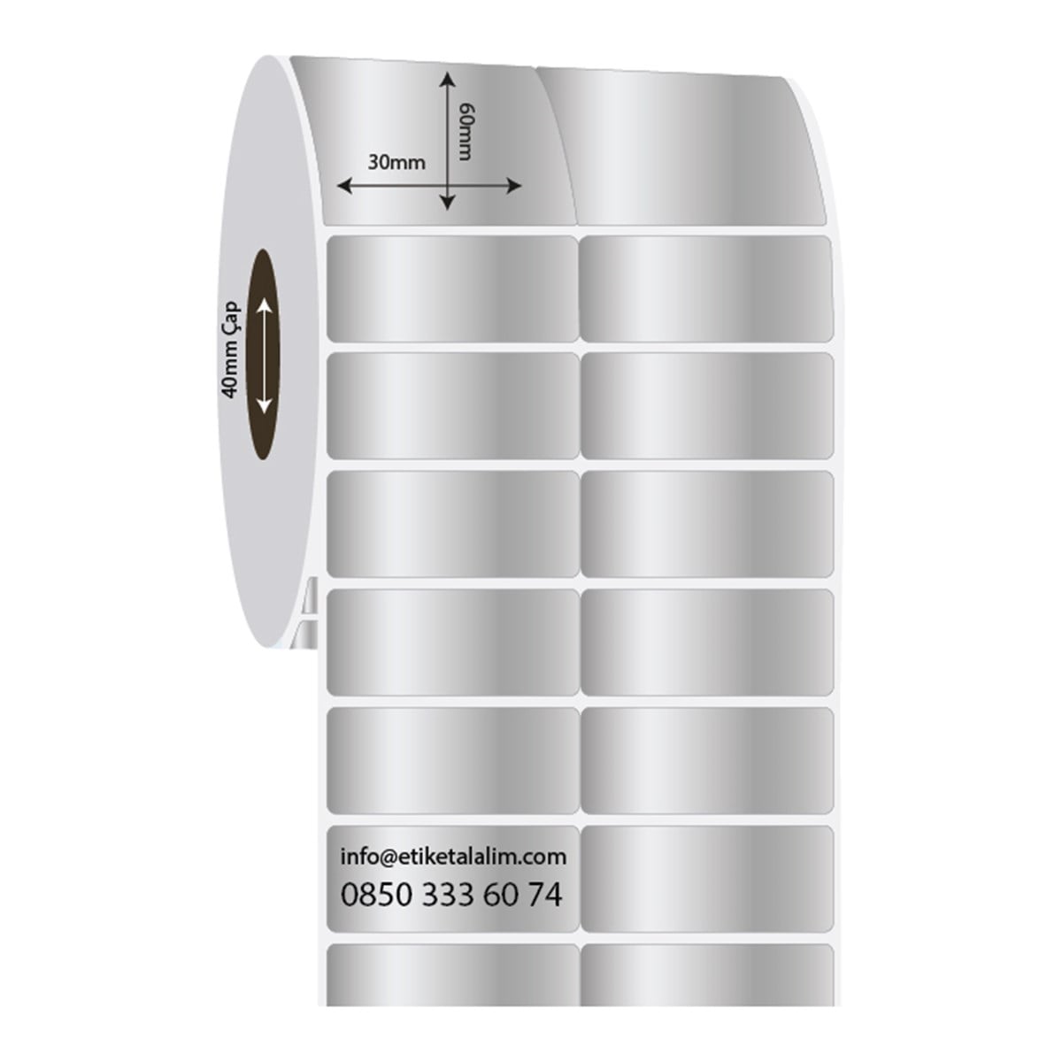 Silver Mat Etiket (Sticker)30mm x 60mm 2'li Bitişik Silver Mat Etiket