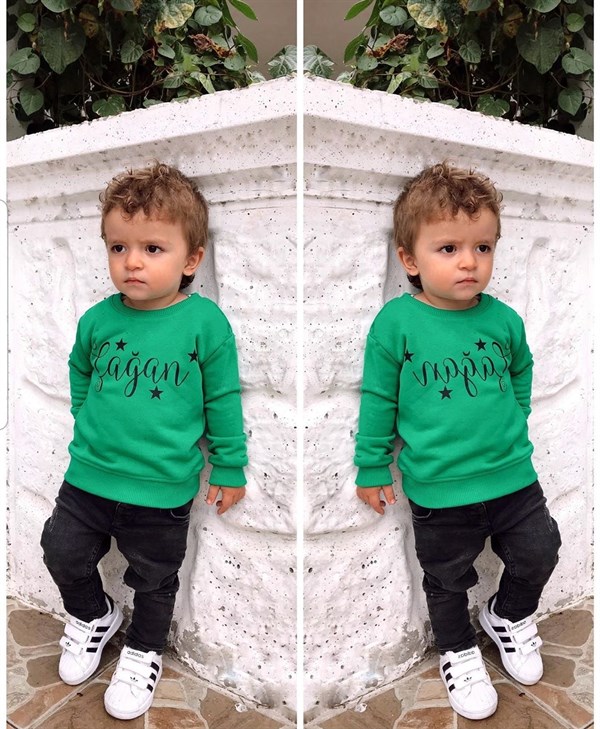 Kolu Yıldızlı İsme Özel Çocuk Sweatshirt - Yeşil