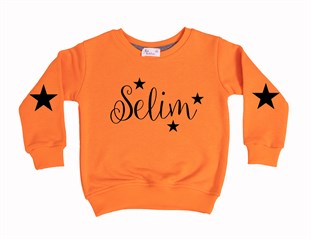 Kolu Yıldızlı İsme Özel Çocuk Sweatshirt - Turuncu