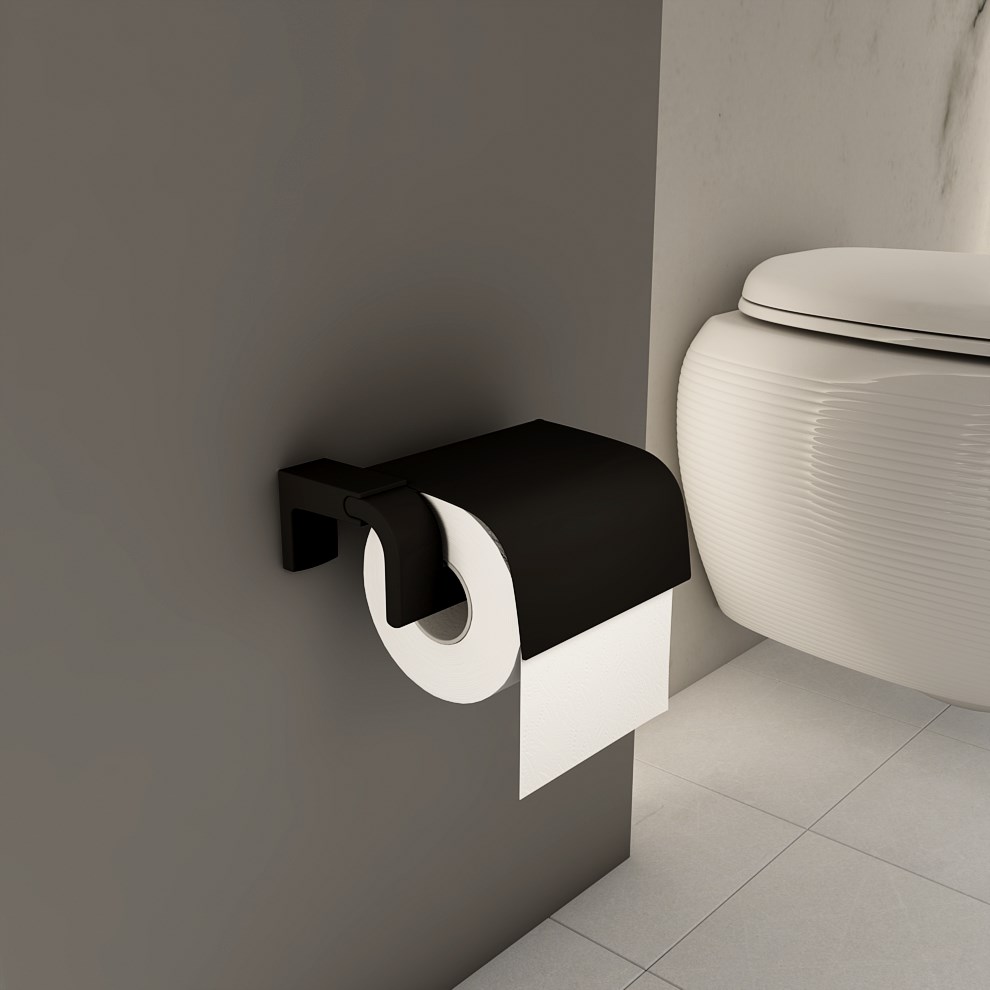 Tema Premium Kapaklı Mat Siyah Tuvalet Kağıtlığı - Banyotrendy
