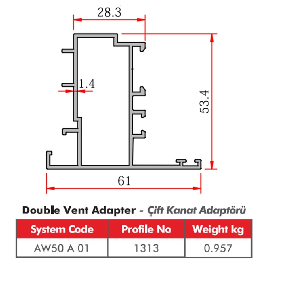 ALUMİNYUM ÇİFT KANAT ADAPTÖR PROFİLİ AW50 YALITIMSIZ