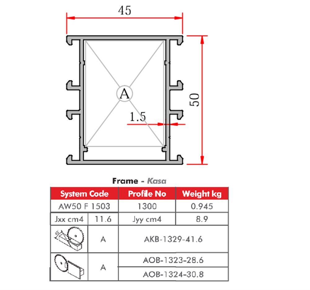ALUMİNYUM KULAKSIZ KASA PROFİLİ  AW50 YALITIMSIZ