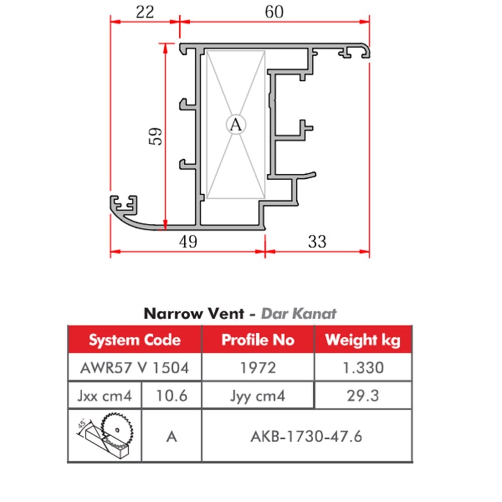 ALUMİNYUM PVC YATAKLI KANAT PROFİLİ AWR57 YALITIMSIZ