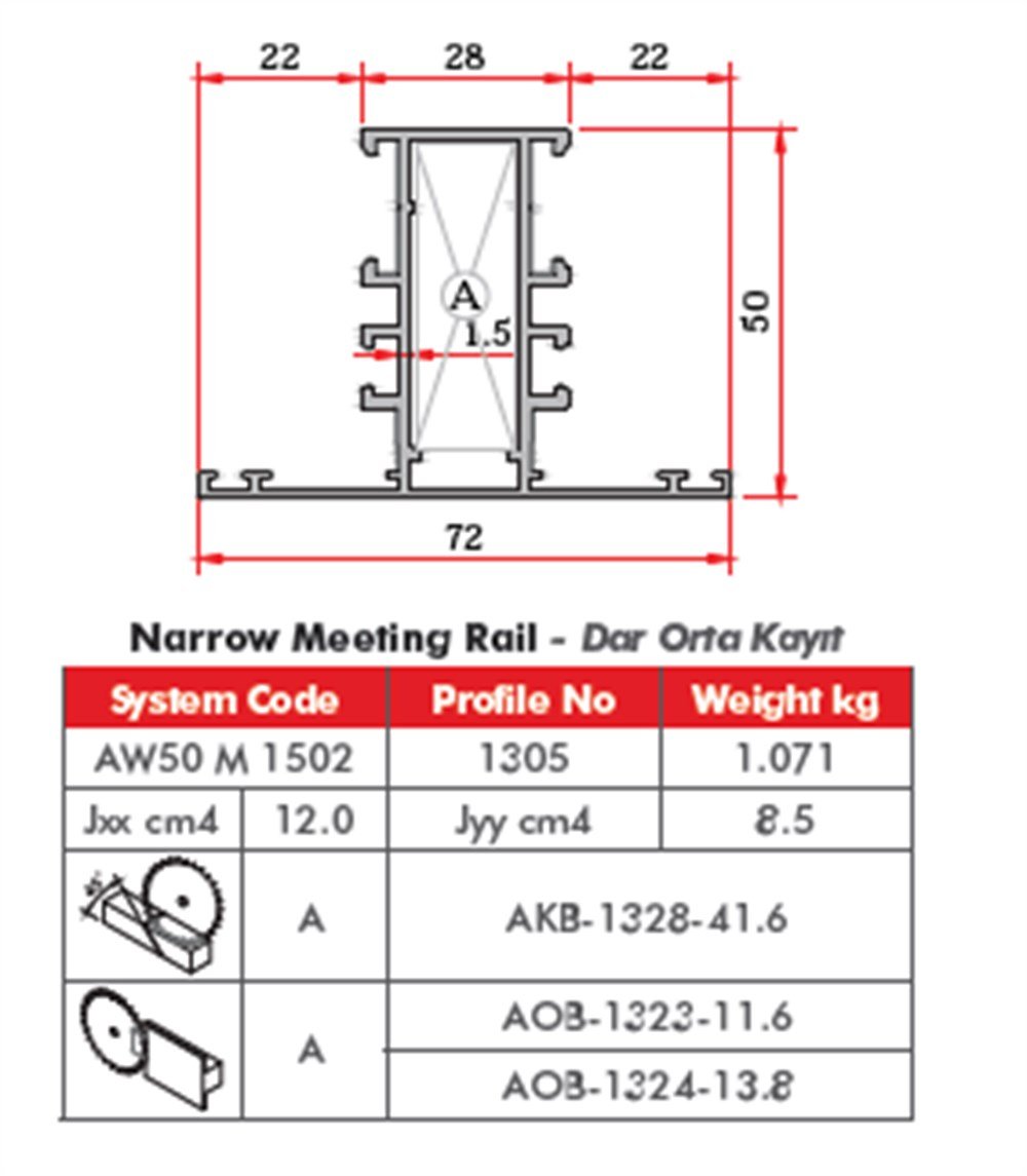 ALUMİNYUM DAR ORTA KAYIT PROFİLİ  AW50 YALITIMSIZ