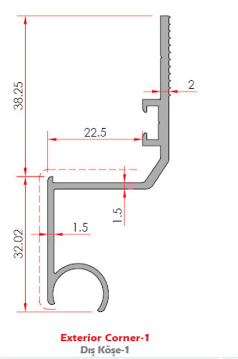 ALUMİNYUM COTTA DİK KÖŞE DÖNÜŞ PROFİLİ 1186