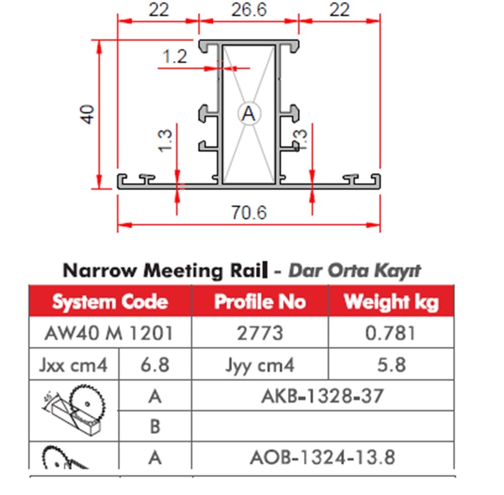 ALUMİNYUM ORTA KAYIT PROFİLİ AW40 YALITIMSIZ