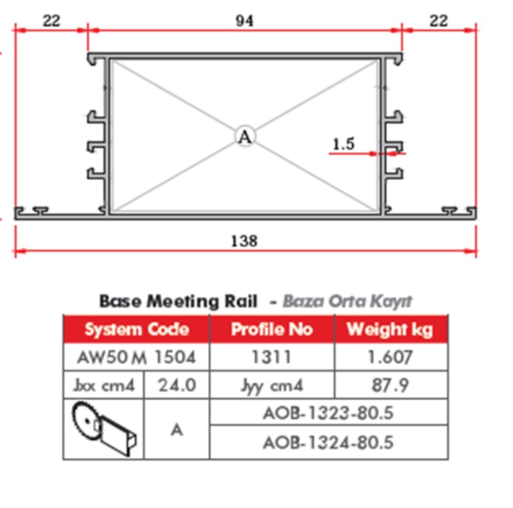 ALUMİNYUM ORTA BAZA PROFİLİ  AW50 YALITIMSIZ
