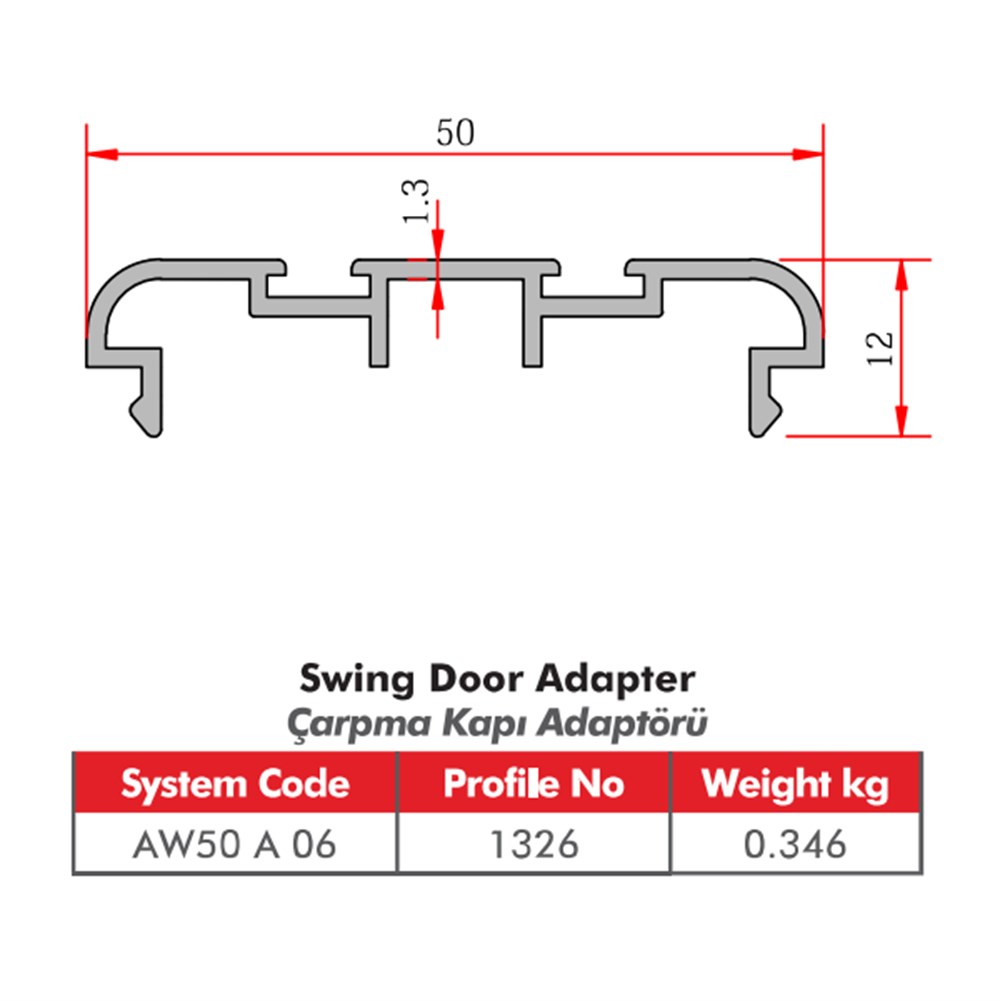 ALUMİNYUM ÇARPMA KAPI ADAPTÖR PROFİLİ AW50 YALITIMSIZ