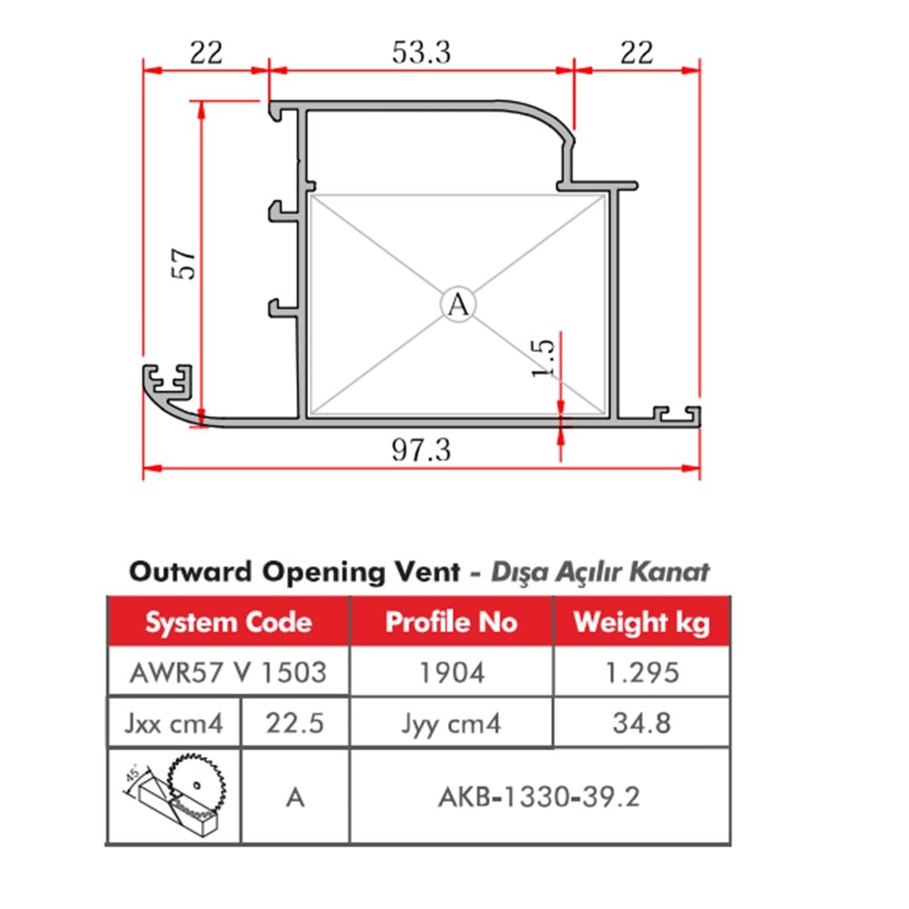 ALUMİNYUM DIŞA AÇILIM KAPI KANAT PROFİLİ AWR57 YALITIMSIZ
