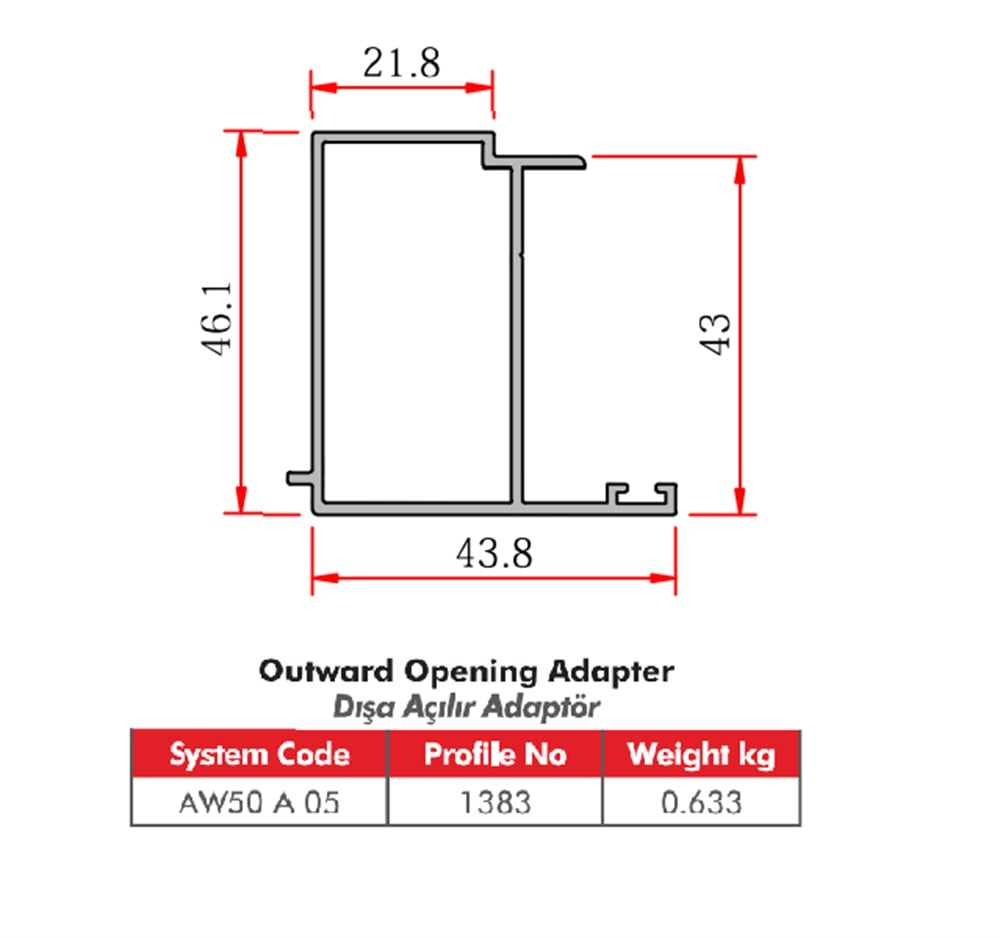 ALUMİNYUM DIŞA AÇILIR ADAPTÖR PROFİLİ AW50 YALITIMSIZ