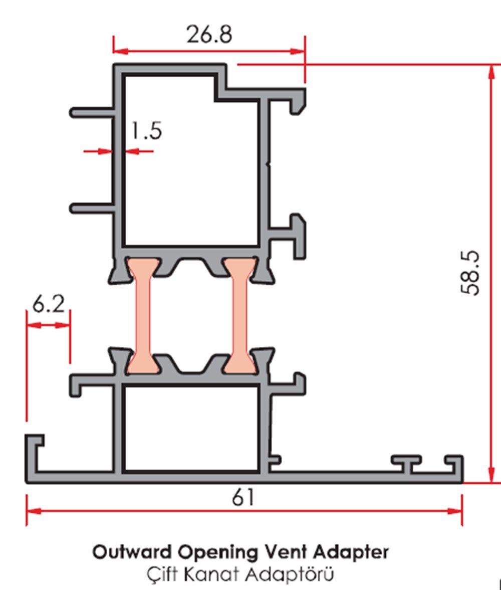 ALUMİNYUM HAREKETLİ ORTA KAYIT ROFİLİ  55 LİK SERİ YALITIMLI