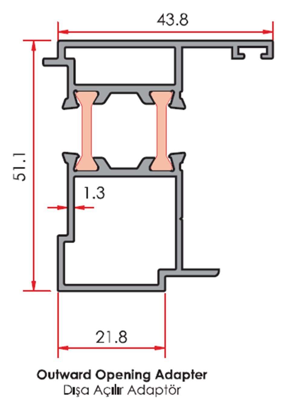 ALUMİNYUM DIŞA AÇILIR ADAPTÖR PROFİLİ  HEMYÜZ İÇİN 55 LİK SERİ YALITIMLI