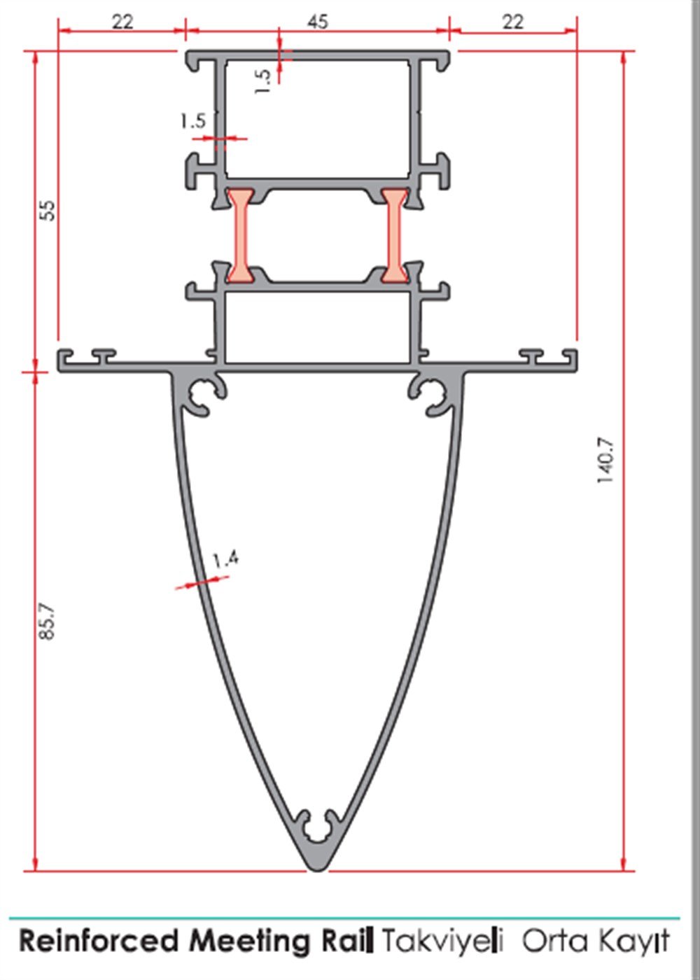 ALUMİNYUM TAKVİYELİ ORTA KAYIT PROFİLİ  55 LİK SERİ