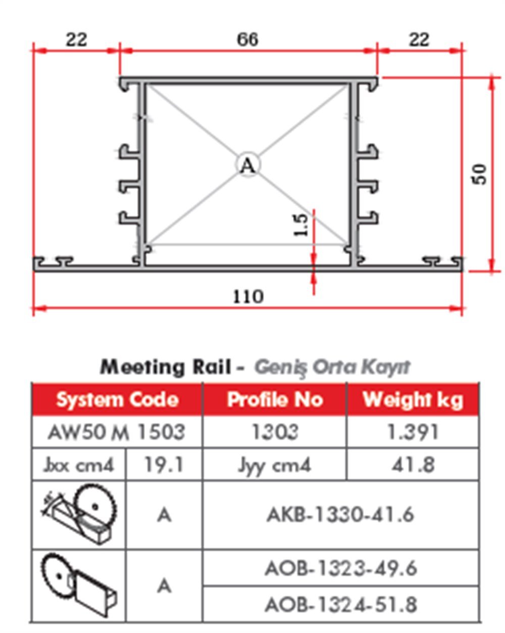 ALUMİNYUM GENİŞ ORTA KAYIT PROFİLİ  AW50 YALITIMSIZ