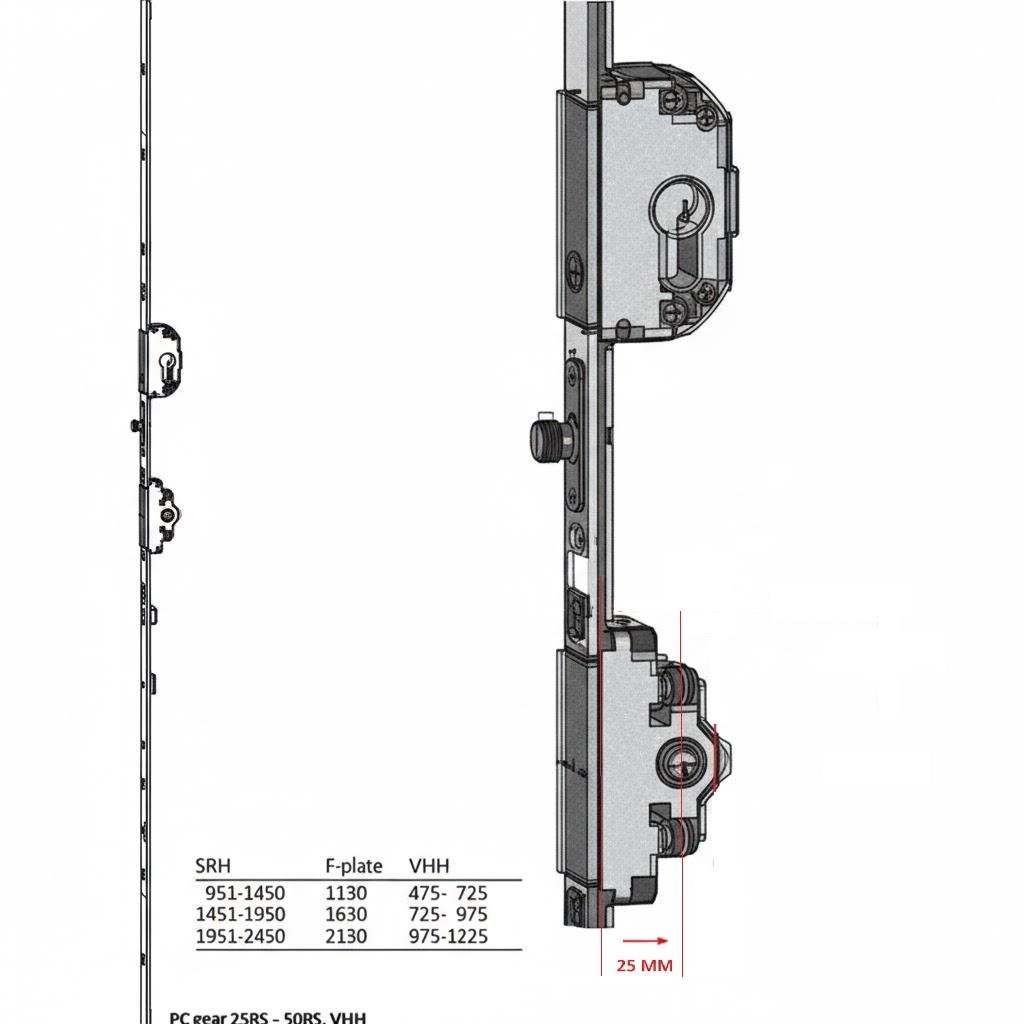 Kilitlenebilir Çift Açılım-Paralel Sürme İspanyoleti 25 mm Kol Merkezli