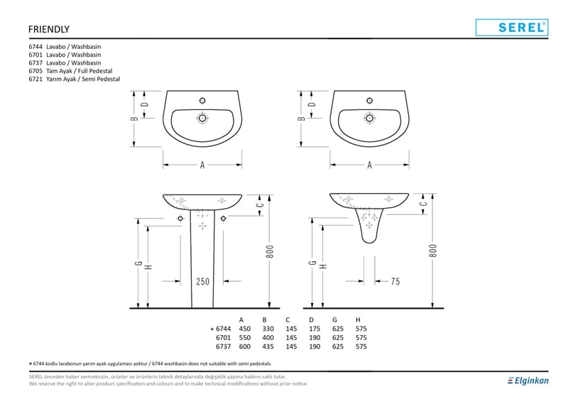 SEREL FRIENDLY LAVABO 43x60 cm ve YARIM AYAK