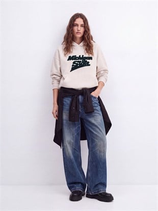 Ltb MERASA Regular Fit Baskı Detaylı Kapüşonlu Bej Sweatshırt