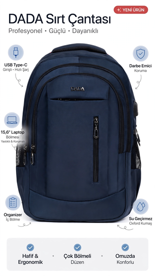 Dada USB Type-C Girişli Sırt Çantası 15,6 inç Organizer İç Bölme Darbe Emici Koruma Su Geçirmez Oxfo