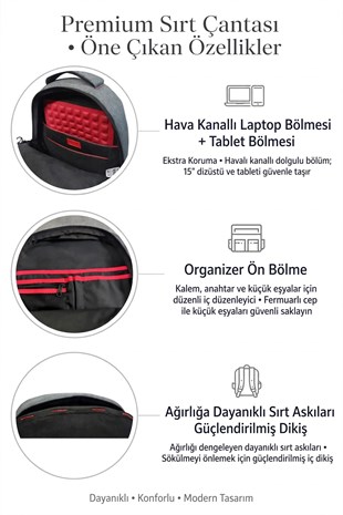 Dada USB Type-C  15,6 inç Laptop Geniş İç Hacim Organizer İç Bölme Darbe Emici Korumalı Sırt Çantası