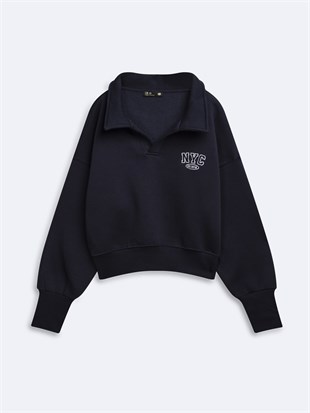 Ltb ZOKOFA Relaxed Fit Yaka Detaylı Yazı Baskılı Lacivert Sweatshırt