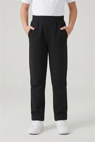 Siyah Unisex Çocuk Günlük Okul Pantolonu - Beli Lastikli Ribanalı Düz Paça Penye Eşofman Altı