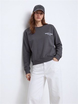 Ltb SAPAHE Regular Fit Yazı Baskılı Bisiklet Yaka Gri Sweatshırt