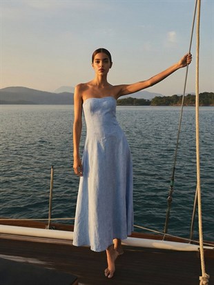 Ltb BAREFE Straplez Uzun Boy Açık Mavi Elbise