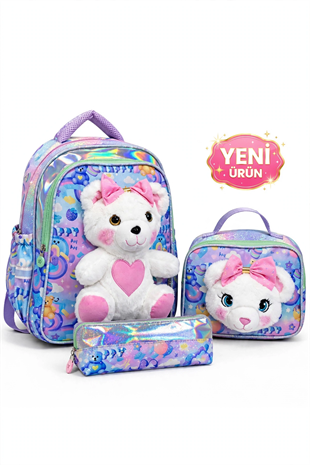 Premium Kız Çocuk Peluş Ayıcıklı Anaokulu Ve İlkokul Sırt Çantası Termal Beslenme Çantası Ve Kalemli