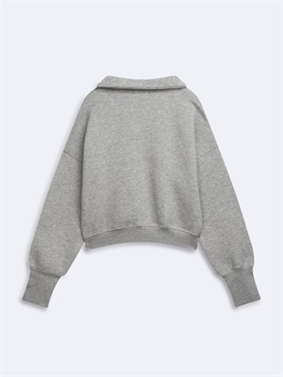 Ltb ZOKOFA Relaxed Fit Yaka Detaylı Yazı Baskılı Gri Sweatshırt