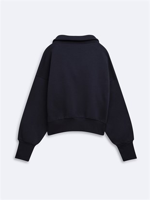 Ltb ZOKOFA Relaxed Fit Yaka Detaylı Yazı Baskılı Lacivert Sweatshırt