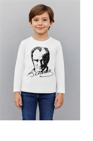 Atatürk Baskıl UZUN KOL Baskılı Atatürk Imzalı Unisex Çocuk T-shırt